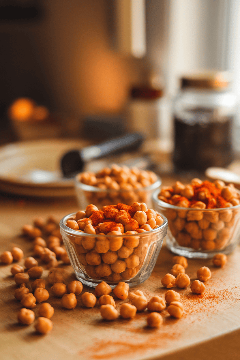 A warmly lit indoor tabletop scene with small glass bowls filled with golden roasted chickpeas seasoned with paprika. No logos or text, photo not illustration.