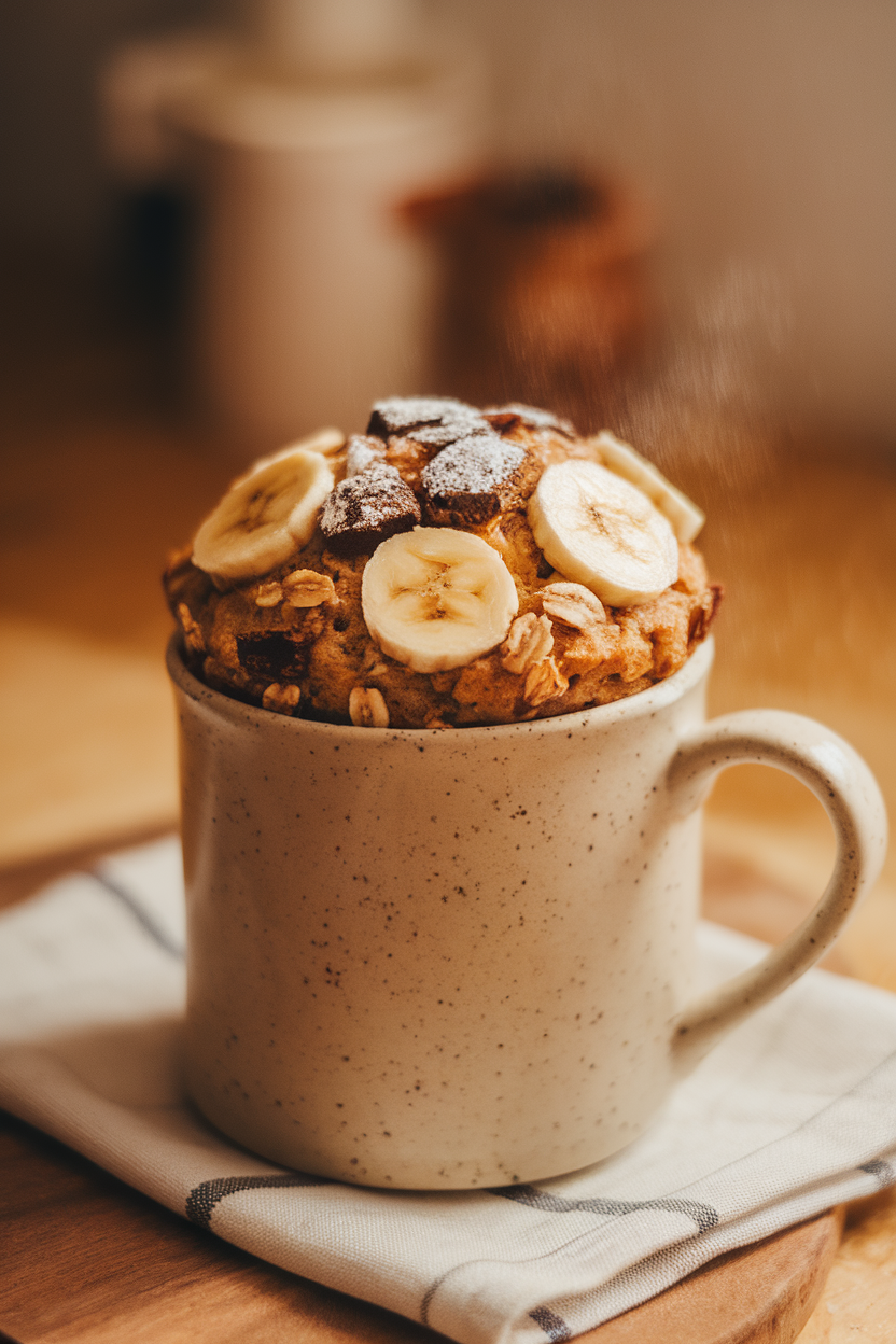 Photo taken indoors of a mug lined with a hearty oat muffin studded with banana slices and chocolate chunks, a napkin underneath. No text or logos present.