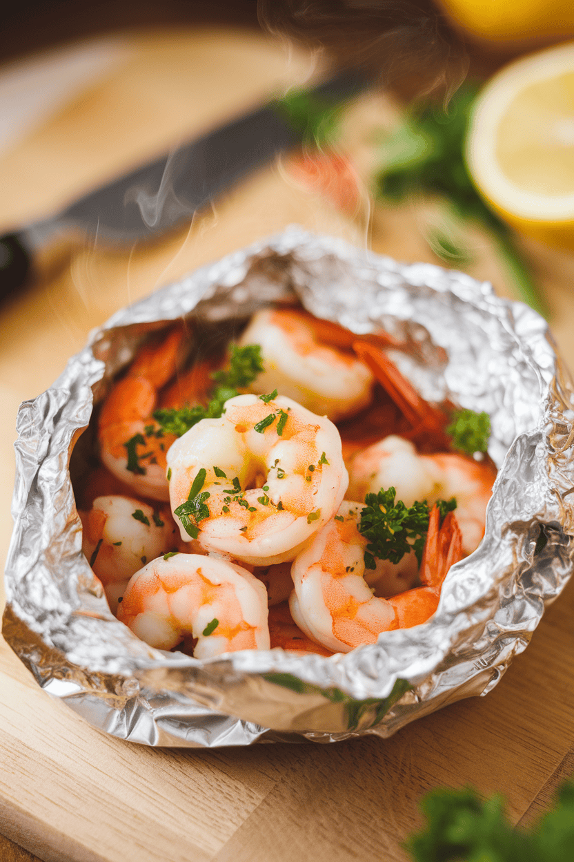 Indoor photo of a peeled-back foil packet showing cooked shrimp with garlic butter and parsley, steam still visible. Warm indoor lighting; no text or logos.