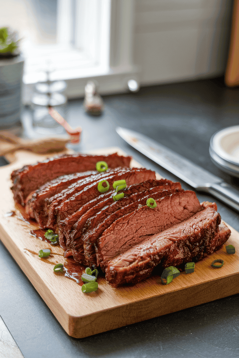 Indoor kitchen counter featuring thick slices of bourbon-glazed grilled brisket on a wooden board, caramelized crust evident. Photo only, no text or logos.