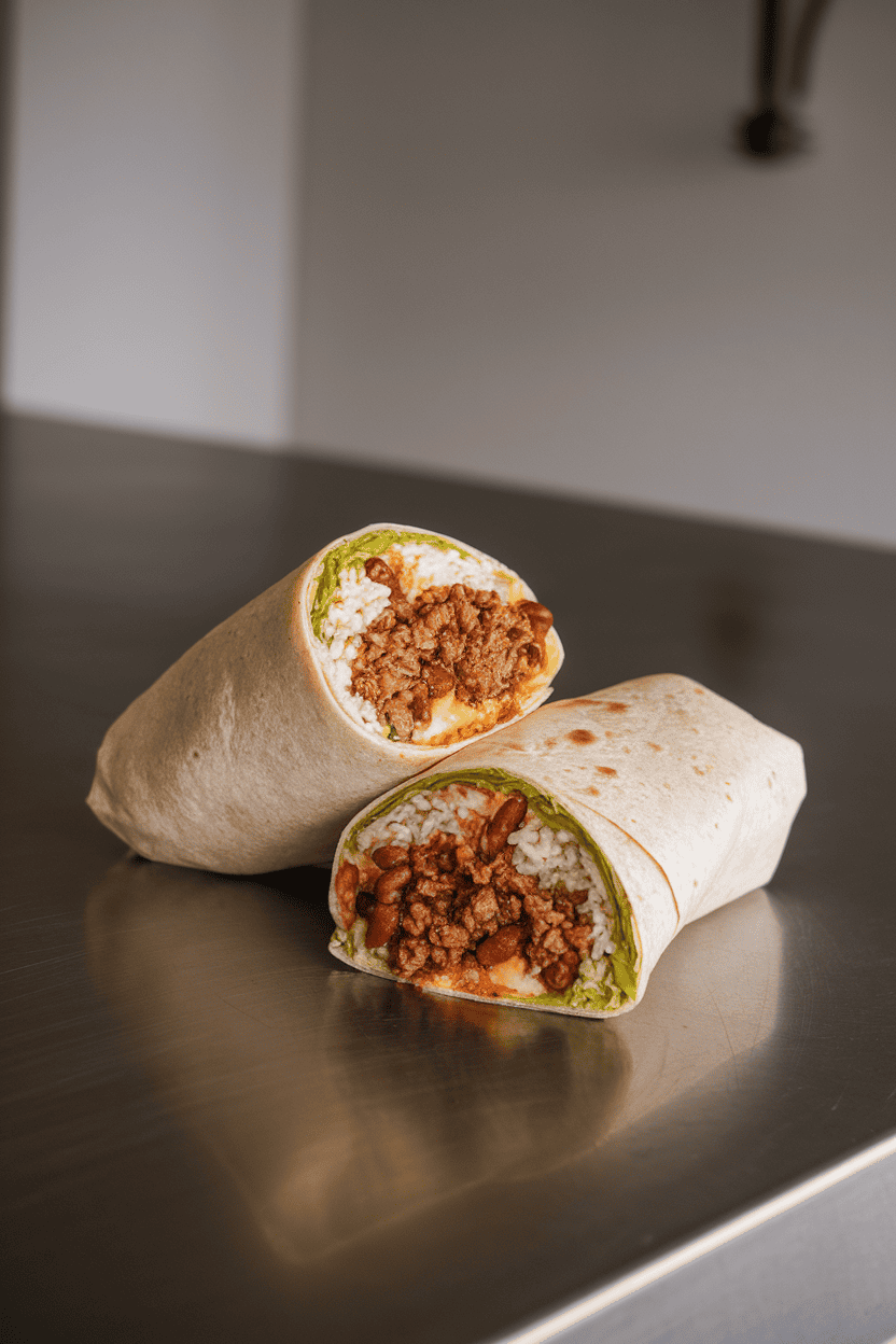 Indoor kitchen island with large flour tortillas wrapped around seasoned beef, rice, beans, and cheese, one burrito cut in half to show filling; no text or logos, clearly a photo.