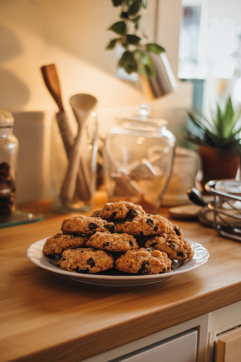Warmly lit indoor kitchen counter with a plate of homemade oatmeal raisin cookies, edges slightly golden, no text or logos.