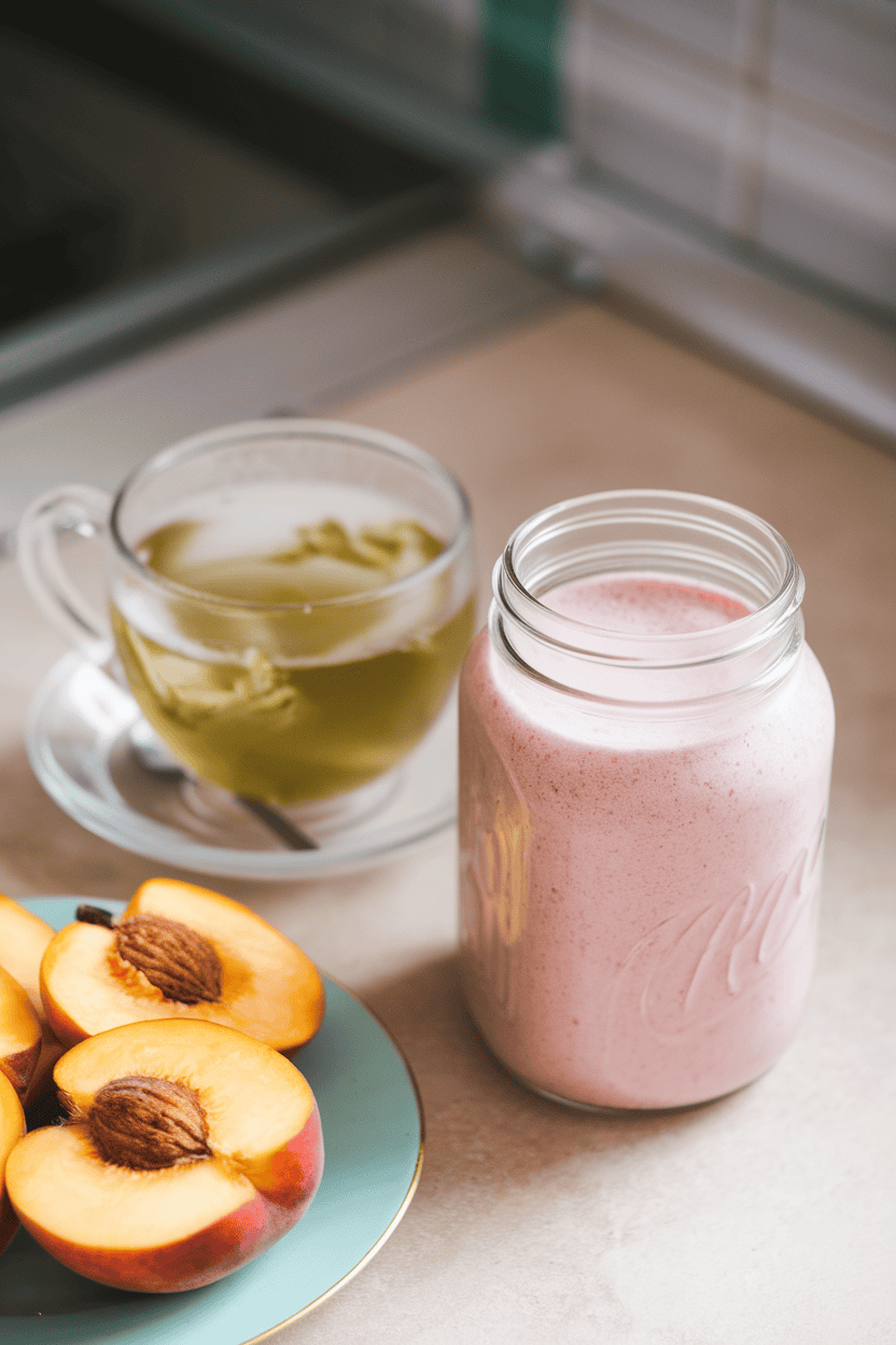 Indoor countertop with a pastel pink smoothie in a glass jar, a cooled teacup of green tea sitting beside sliced peaches. Photo, no text or logos.