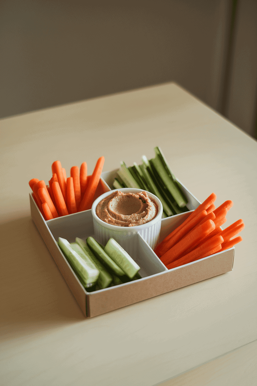 Indoor dining table with a compartmentalized snack box showing carrot sticks, cucumber sticks, and a small cup of hummus in the center. Neutral background, no text or logos, photo only.
