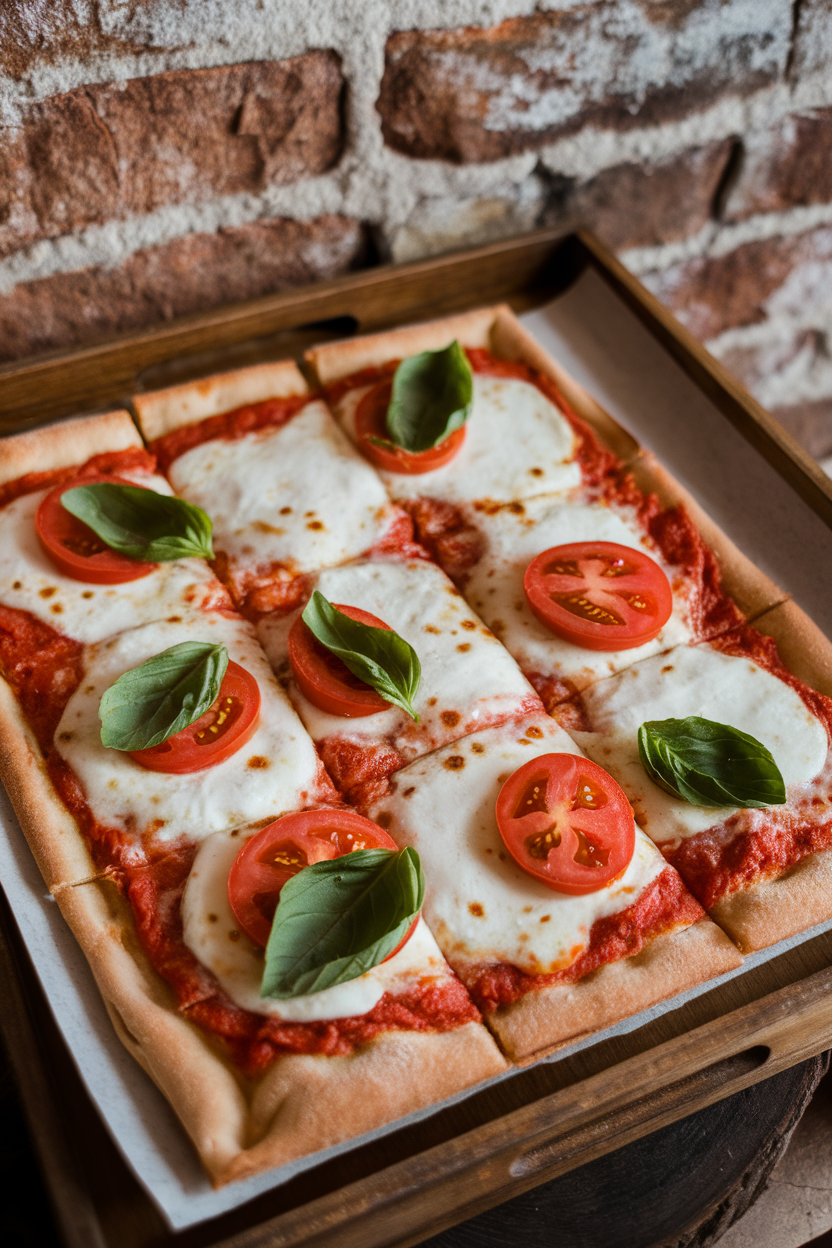 Indoor photo of a rectangular flatbread pizza topped with melted mozzarella, tomato slices, and fresh basil leaves, cut into easy squares. No text or logos on tray or background.