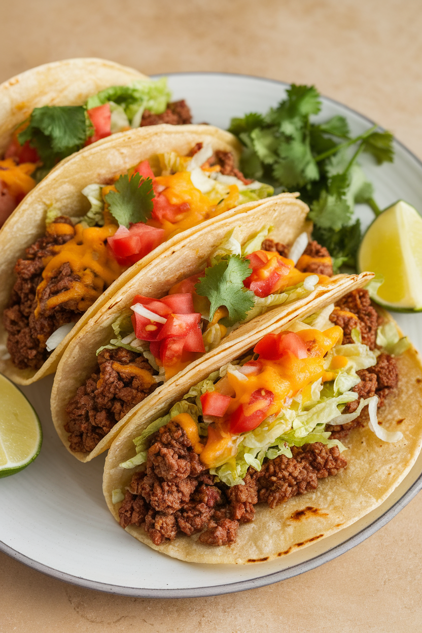 Indoor tabletop photo of three hard-shell tacos stuffed with seasoned ground beef, shredded lettuce, diced tomatoes, and melted cheese. Warm light, no logos or text. Photo, not illustration.