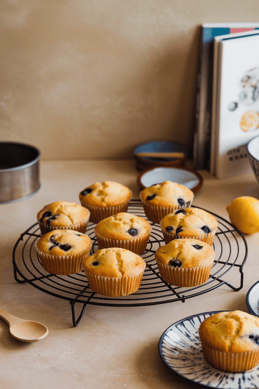 An indoor cooling rack lined with golden lemon-blueberry muffins, blueberries bursting on the tops. Soft ambient lighting; no text or logos; photo, not illustration.