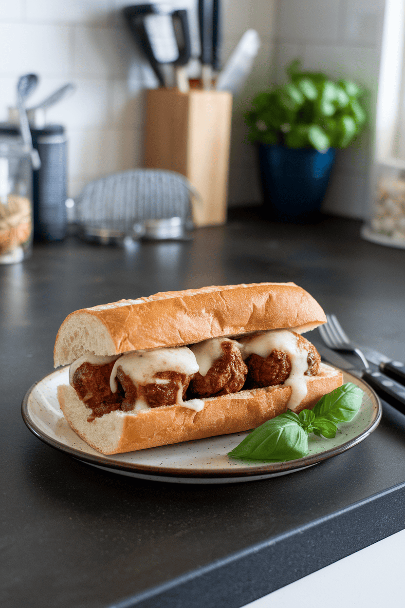 Indoor kitchen island featuring toasted hoagie rolls stuffed with saucy barbecue meatballs and melted provolone; no text or logos, photograph.