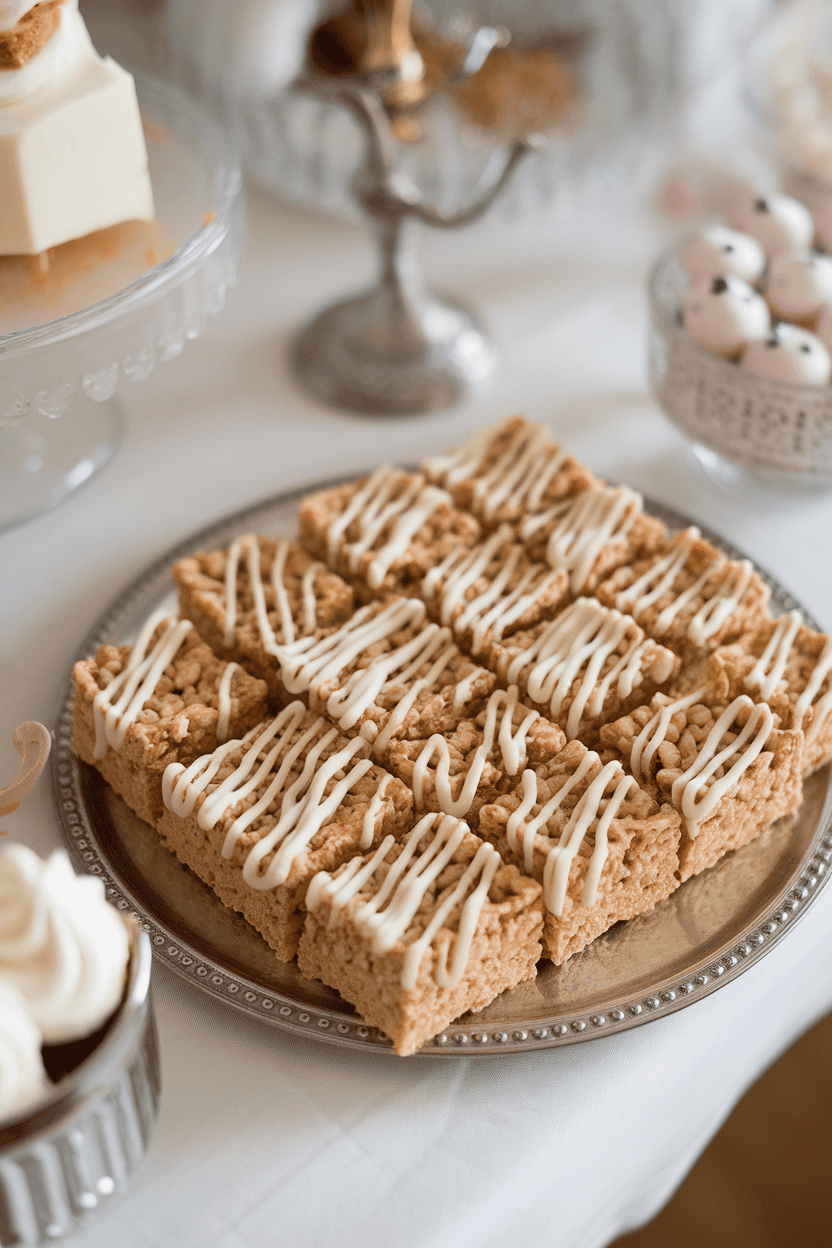 An indoor dessert tray holding neatly cut squares of Rice Krispie treats made with cookie butter, tops lightly drizzled with melted white chocolate. No text or logos visible. Photo, not illustration.