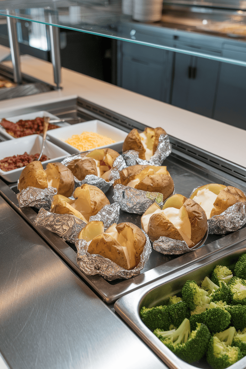 An indoor buffet counter displaying foil-wrapped baked potatoes split open beside bowls of shredded cheese, bacon bits, and steamed broccoli, no logos visible.