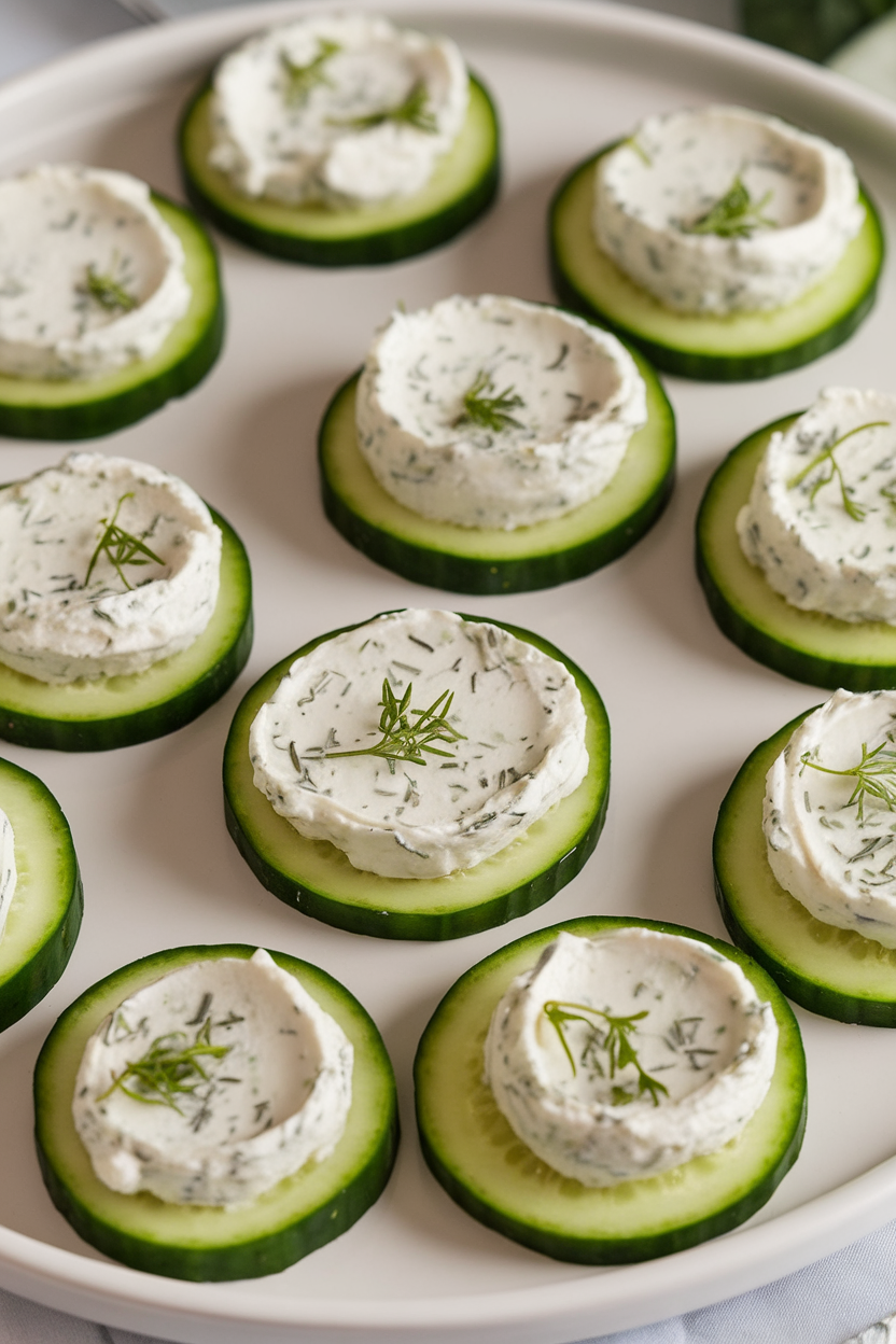 A white indoor serving plate topped with cucumber rounds each spread with herbed cream cheese, no text or logos.