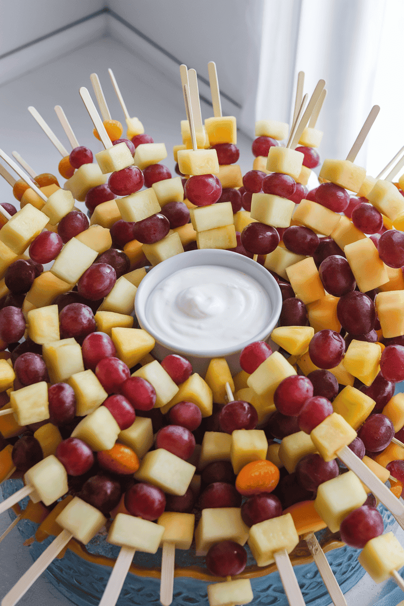 Colorful indoor platter of wooden skewers threaded with melon cubes, grapes, and pineapple, accompanied by a small bowl of vanilla yogurt; no text or logos. Photo, not illustration.