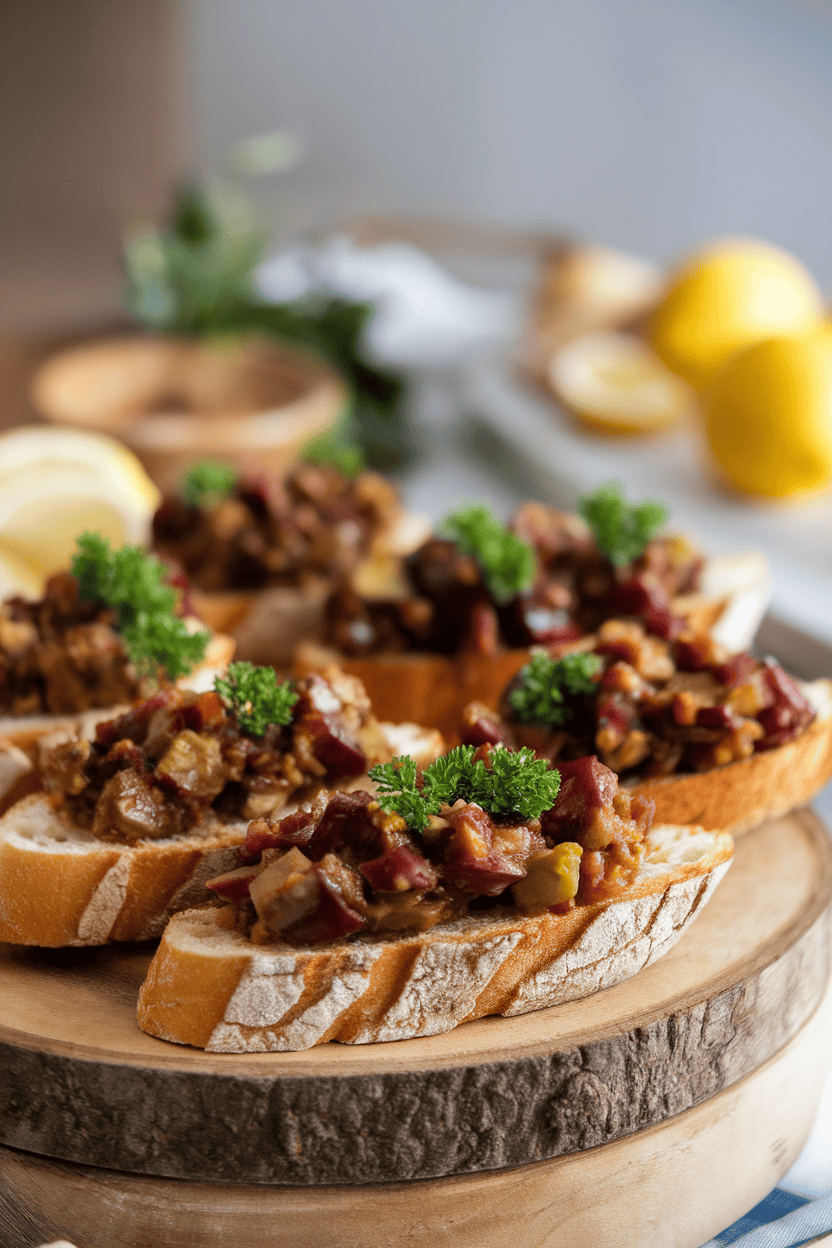 An indoor platter of toasted baguette slices topped with chunky eggplant caponata garnished with parsley. No logos or text; photo only.