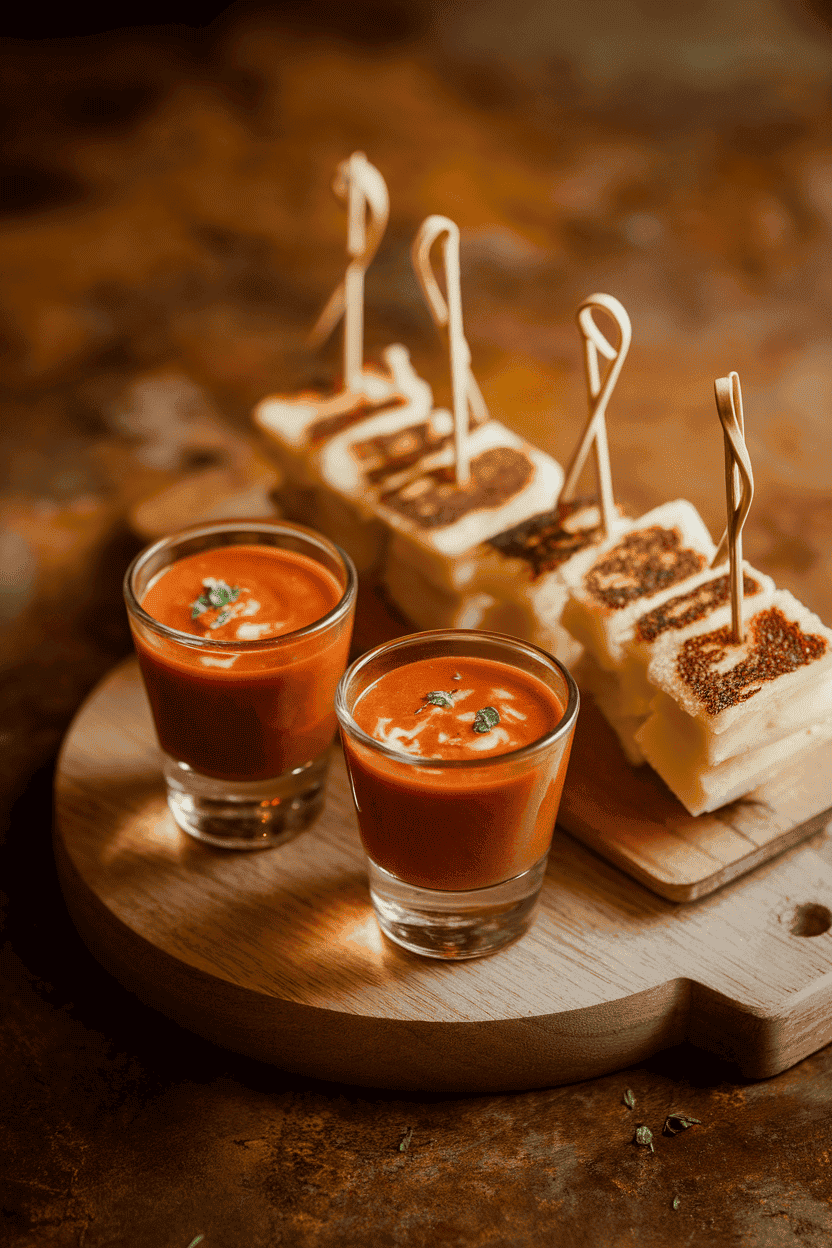 Small shot glasses of creamy tomato soup arranged indoors beside bite-size grilled cheese squares on skewers; warm lighting, no text or logos. Photo, not illustration.