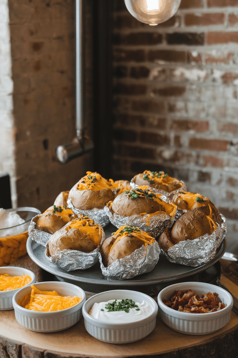 Indoor photo of a platter of foil-wrapped baked potatoes with small bowls of toppings—cheese, sour cream, chives, bacon bits—arranged nearby; no text or logos.