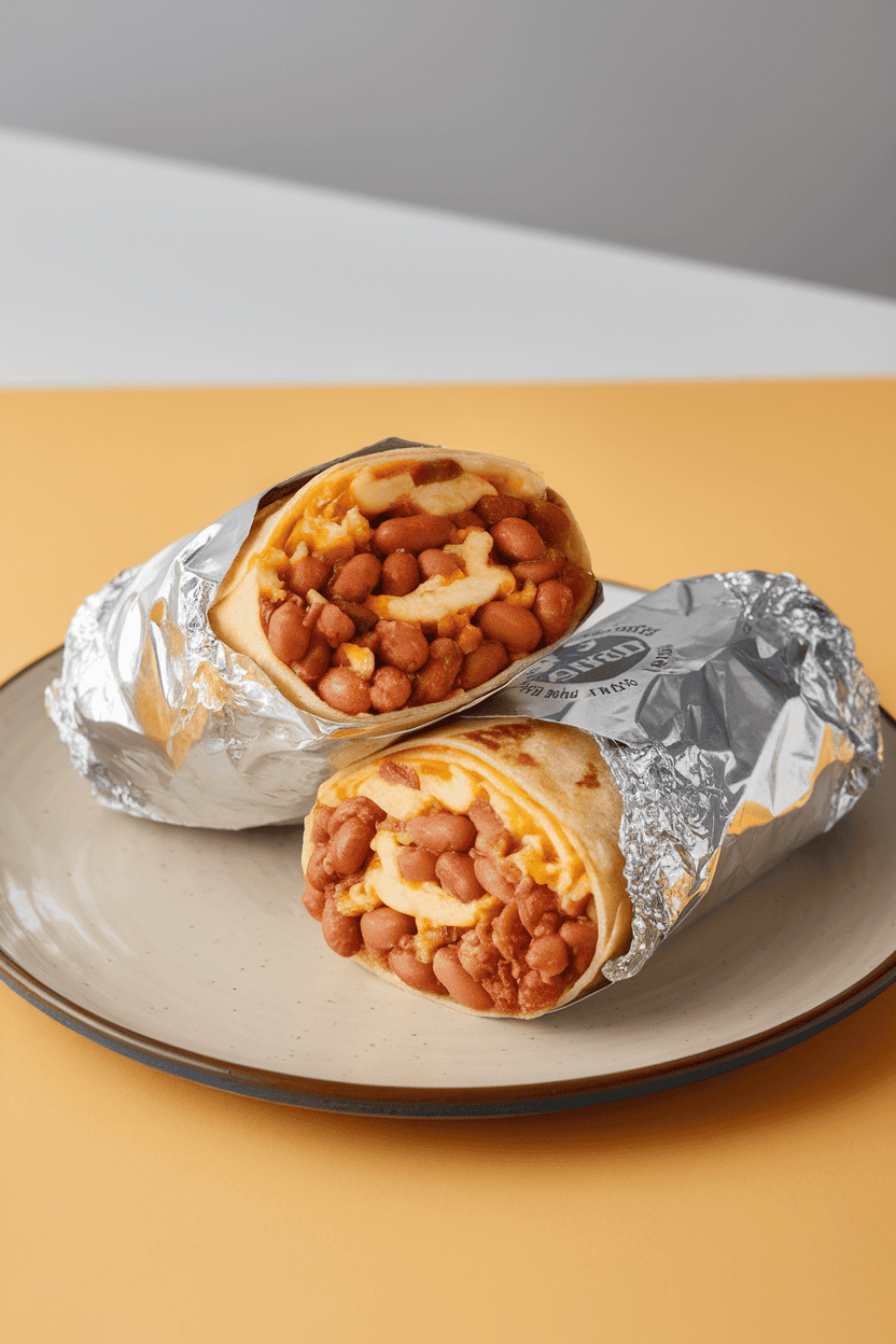 Indoor photo of foil-wrapped bean and cheese burritos cut in half to show the filling, arranged on a plain plate; no text or logos present.