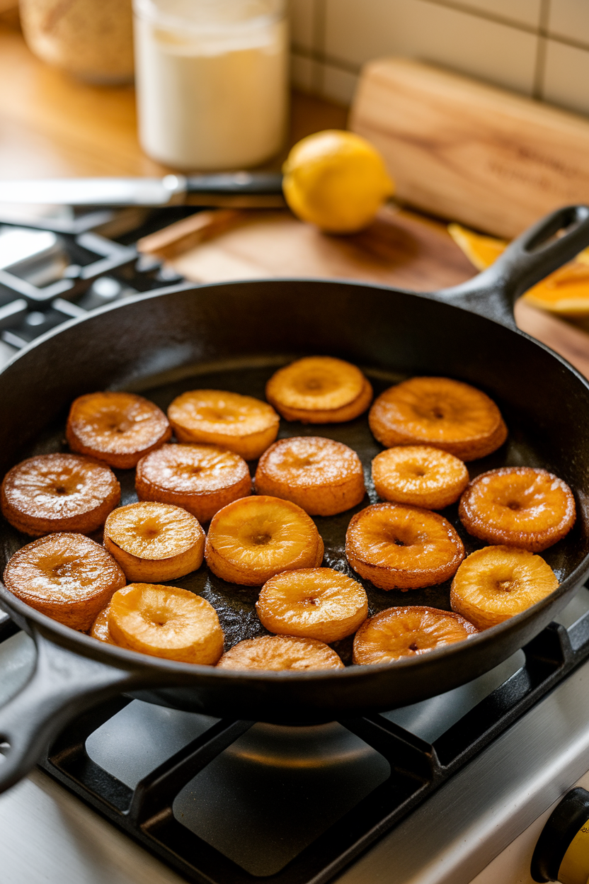 A skillet on an indoor stovetop filled with golden brown plantain coins glistening with caramelized sugar, no text or logos.