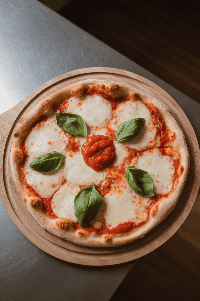 An indoor kitchen island displaying a round pizza on a wood board—thin crust with melted mozzarella pools, fresh basil leaves, and tomato sauce peeking through. Overhead light creates gentle highlights on the cheese. No text or logos. Photo, not illustration.
