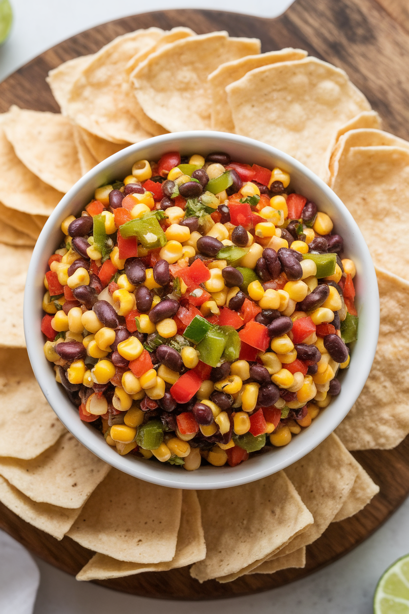 An indoor serving bowl of colorful corn and black bean salsa surrounded by plain tortilla scoops, no text or logos, photograph only.
