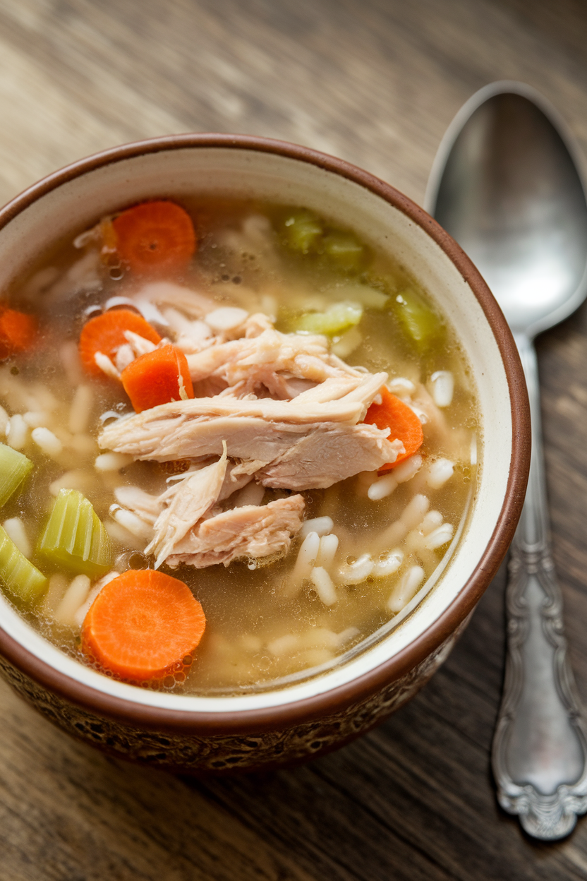 Indoor photo of a homey ceramic soup bowl filled with chicken and rice soup—shredded chicken, carrots, celery, and rice in a clear broth—with a spoon resting alongside. No logos or text.