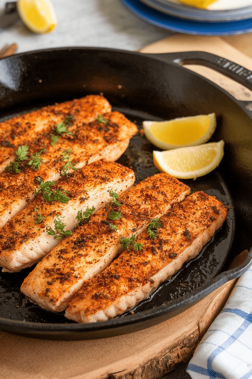 Indoor table with a cast-iron skillet holding cooked Cajun-spiced catfish fillets, lemon wedges on the side; no raw fish, no logos or text, photo only.