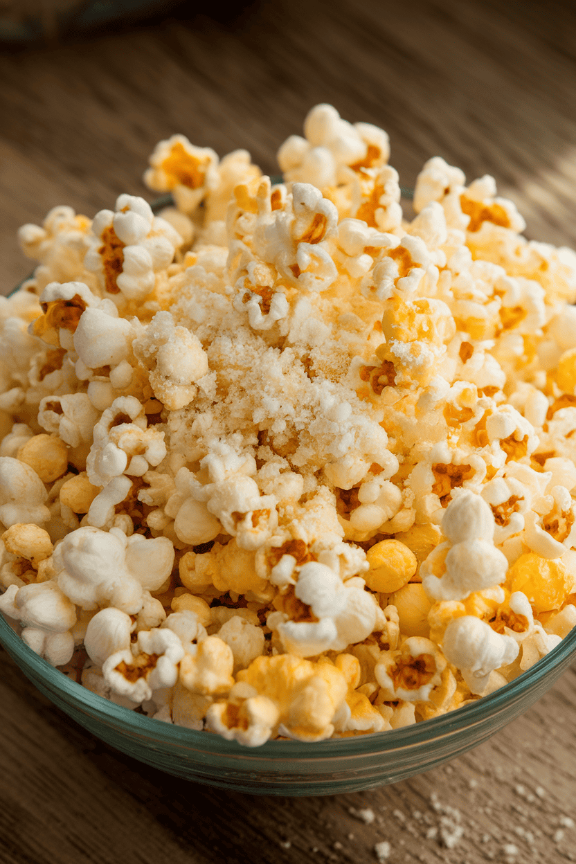 A softly lit indoor bowl brimming with freshly popped popcorn dusted in grated Parmesan cheese, no text or logos visible, photograph.