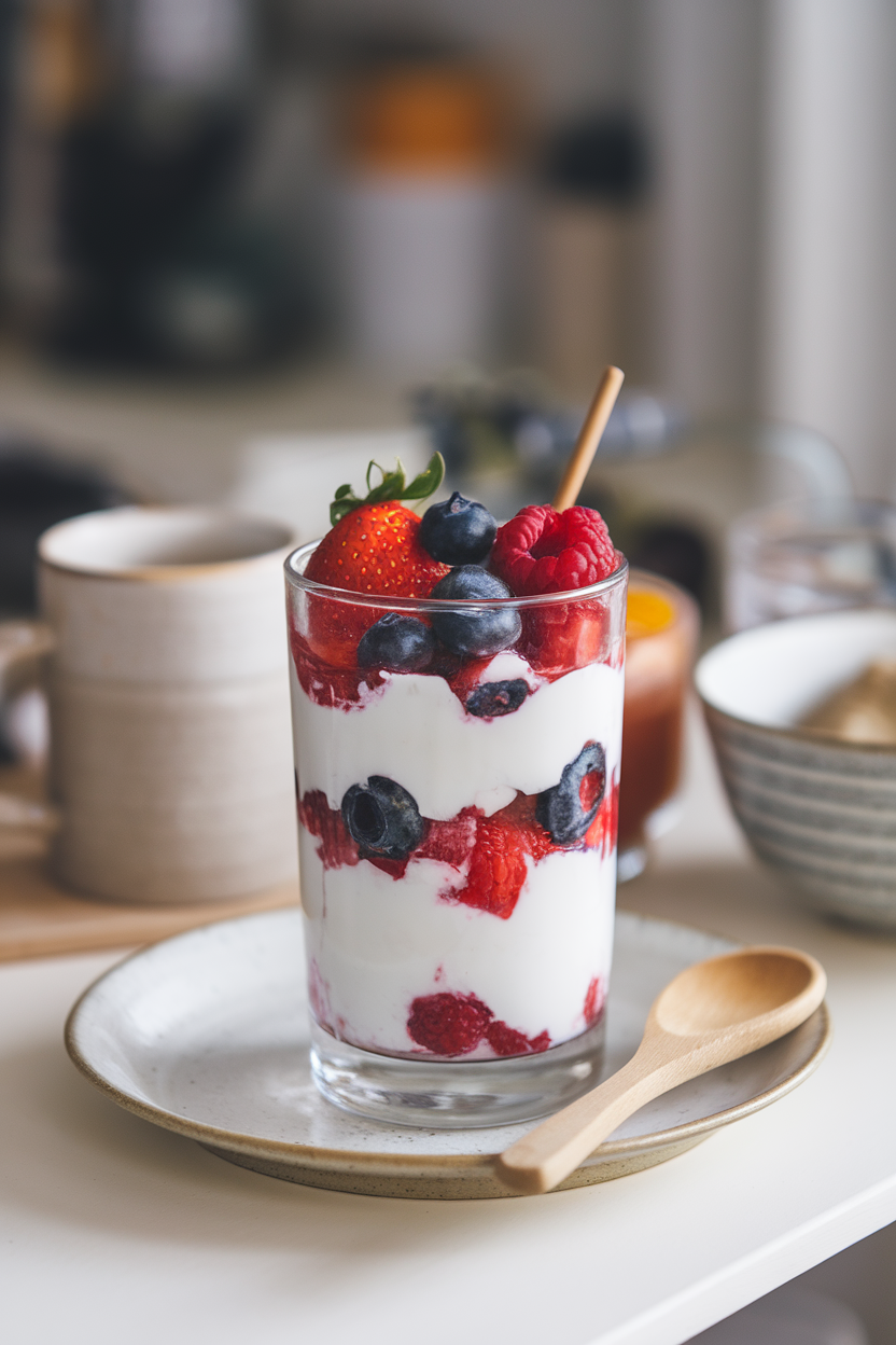 A tall glass layered with Greek yogurt, fresh berries, and honey on an indoor breakfast table. Photo, no text or logos.