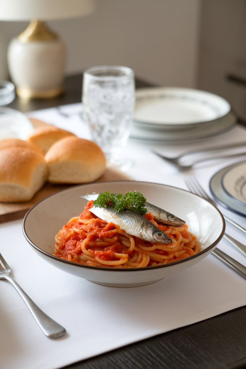 An indoor dining table with a bowl of spaghetti tossed in tomato sauce and cooked sardine fillets, garnished with parsley. No text or logos anywhere.
