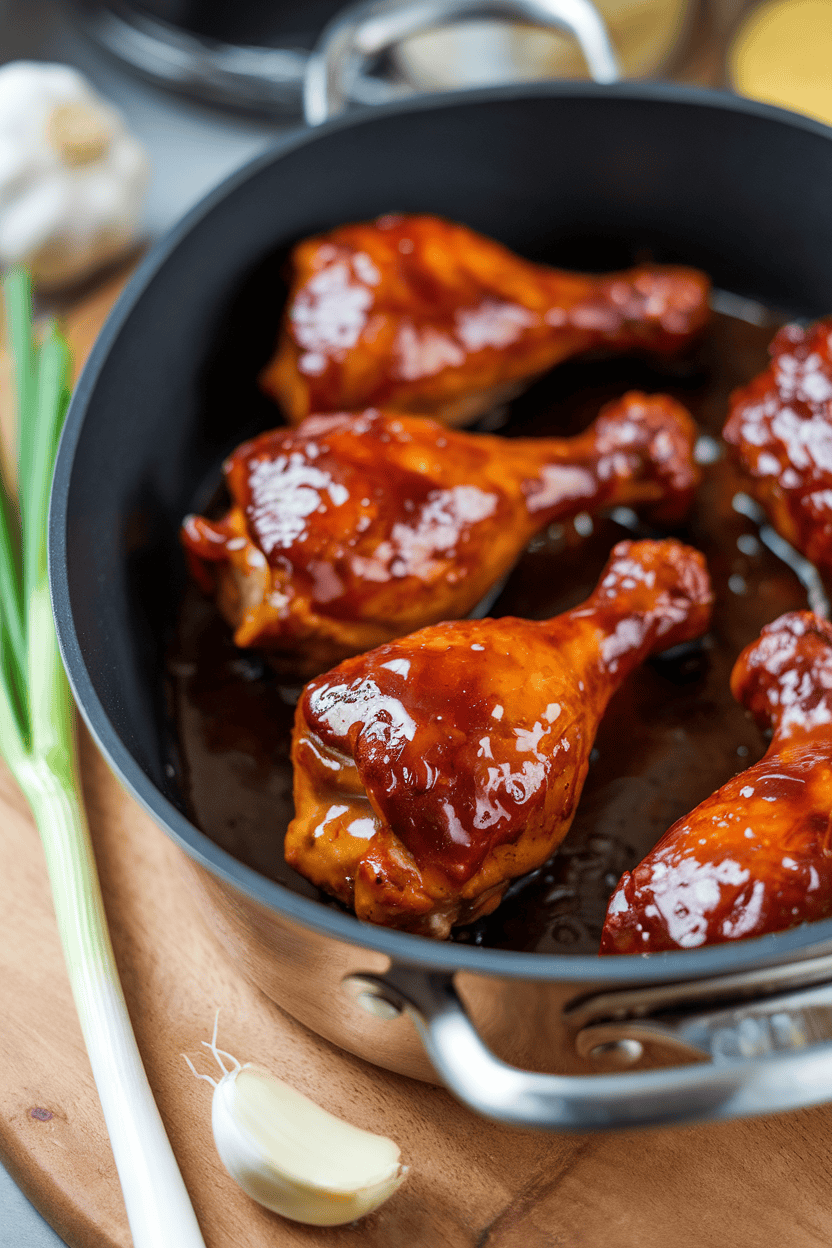 Indoor photo of a roasting pan filled with glazed BBQ chicken drumsticks, sauce caramelized and glossy; no text or logos.