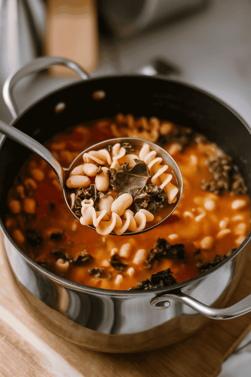 A ladle poised over an indoor pot of vegetable minestrone with pasta spirals, beans, and kale—photo, no text or logos.