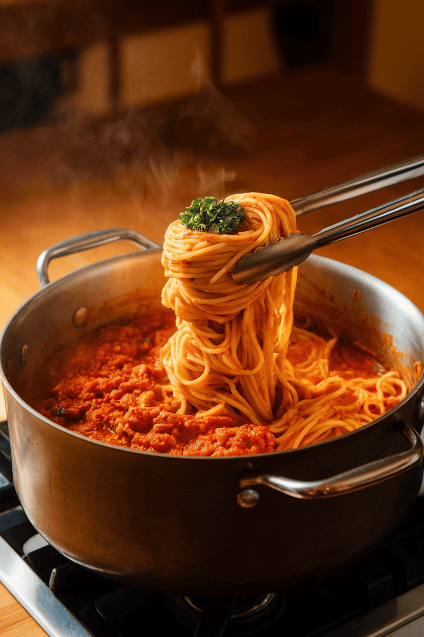 An indoor kitchen island with a deep pot of spaghetti twirled around tongs, rich tomato-meat sauce coating the noodles, and a sprinkling of parsley on top. Warm lighting, steam rising, no text or logos visible.