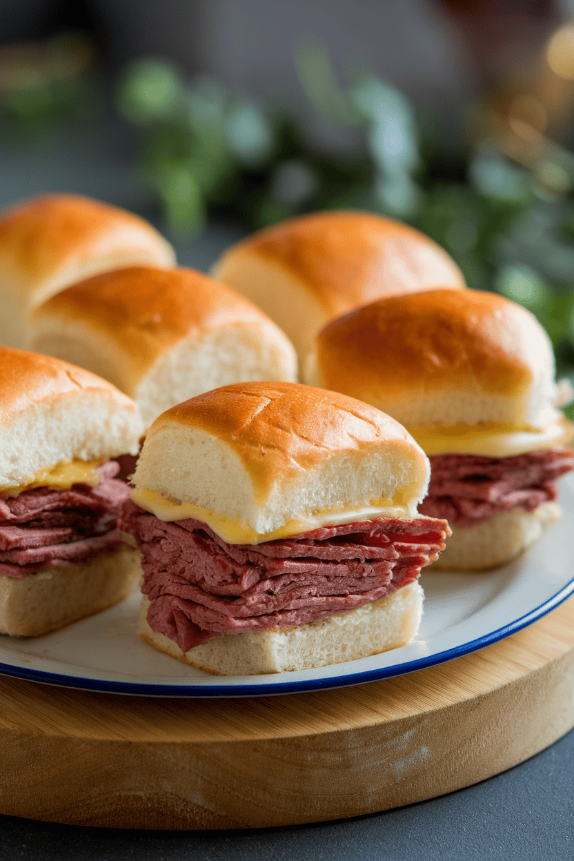 Indoor scene of a platter with small roast beef and Swiss cheese sliders on soft rolls, tops brushed with melted butter. Soft lighting, no logos.