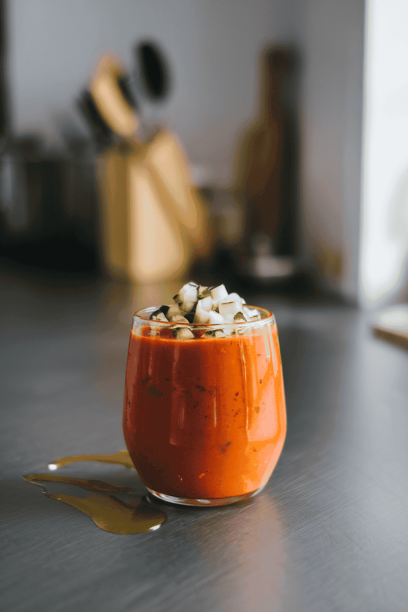 Indoor kitchen counter featuring a chilled glass of smooth tomato gazpacho garnished with diced cucumber and a drizzle of olive oil. No text or logos.
