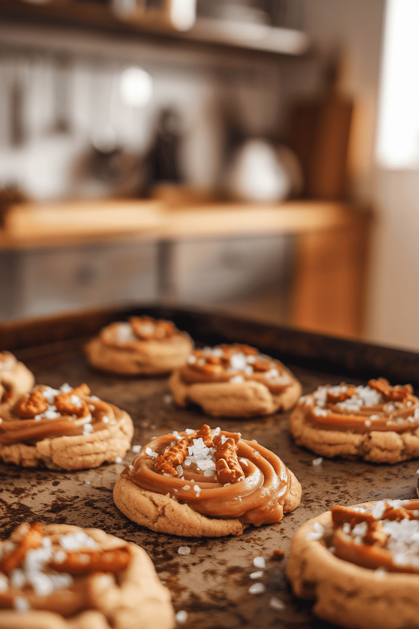 Indoor photo of caramel-swirled cookies sprinkled with crushed pretzels and sea salt on a rustic baking sheet, warm oven light, no text or logos