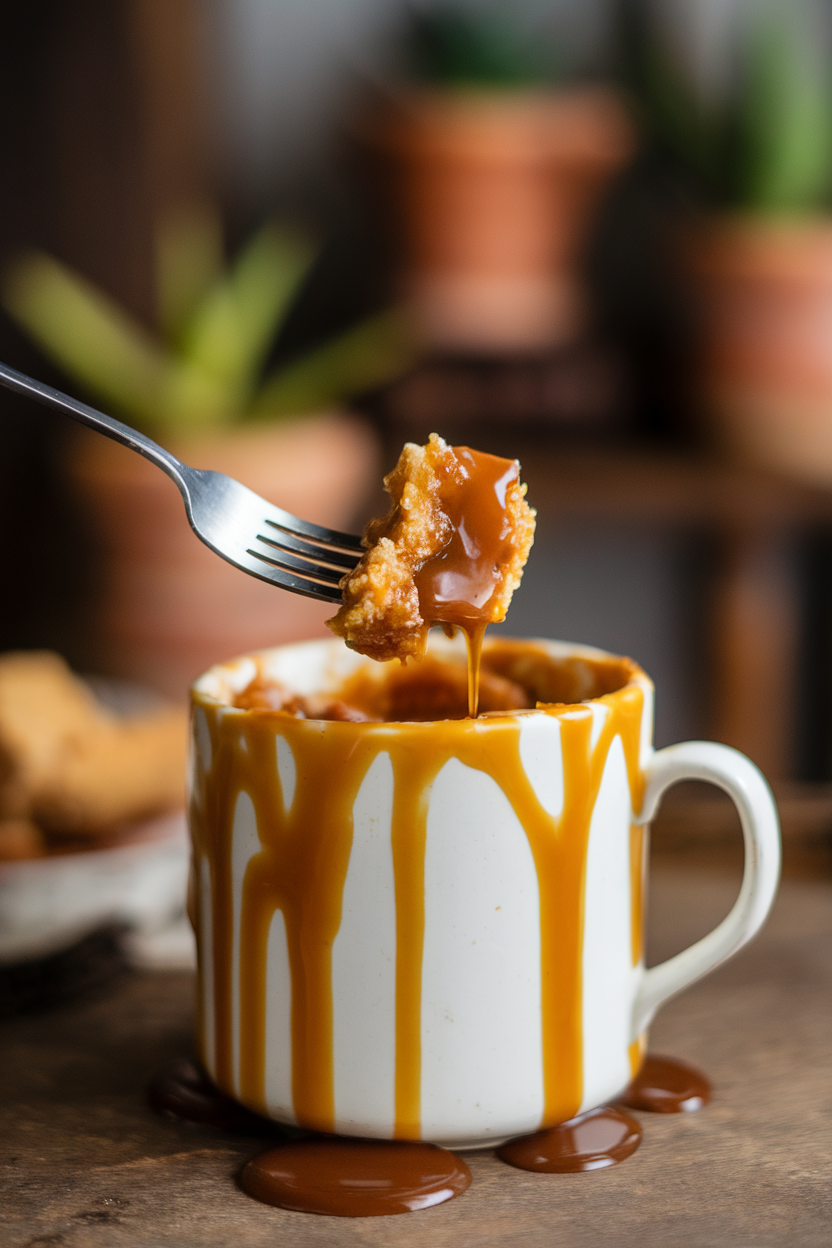 Indoor photo of a mug containing golden sticky toffee pudding drenched in caramel sauce, with a fork breaking off a bite. No text or logos present.