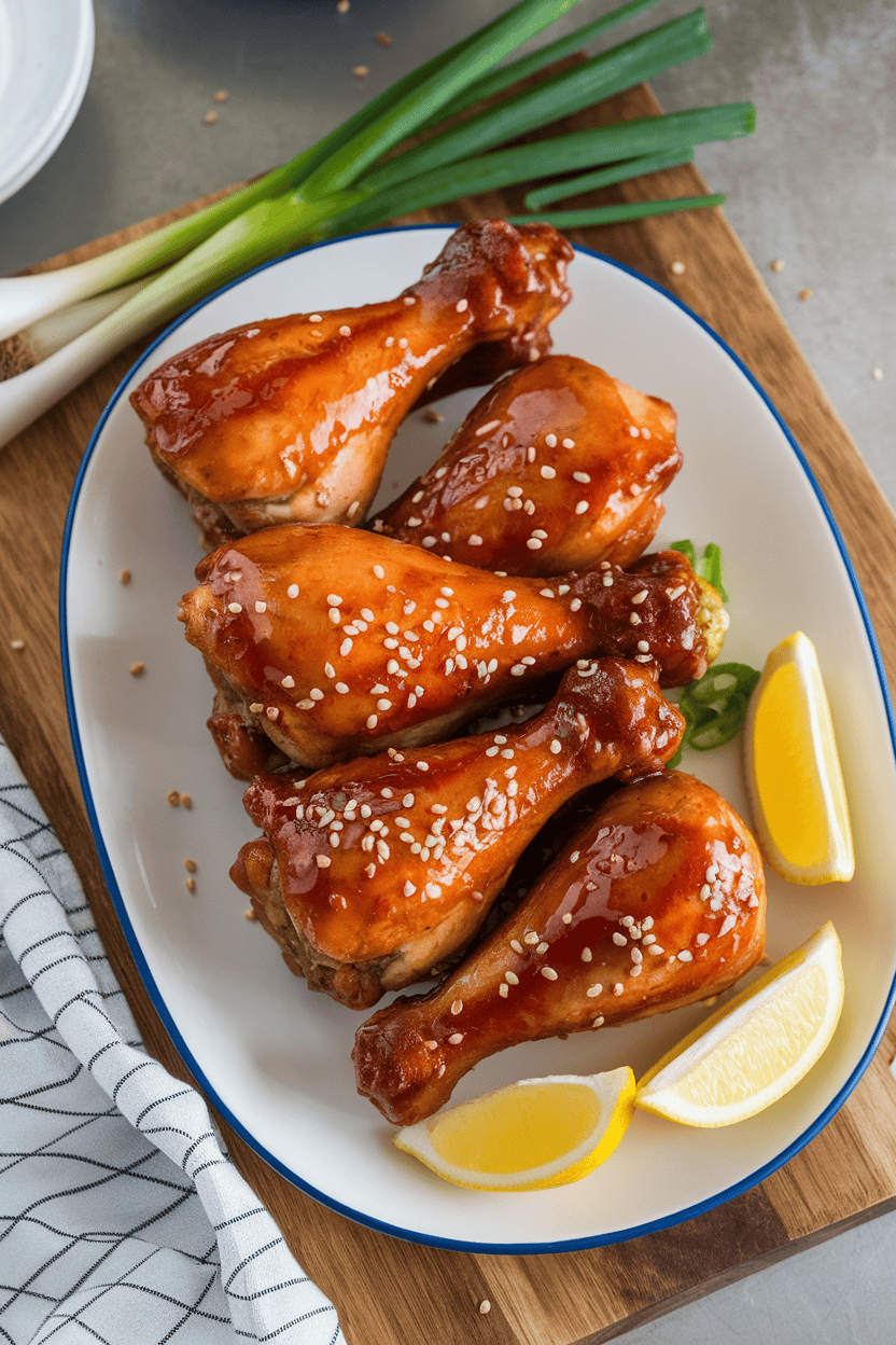 Indoor kitchen counter with a platter of glossy, fully cooked teriyaki-glazed chicken drumsticks, sesame seeds sprinkled on top; no text or logos visible.