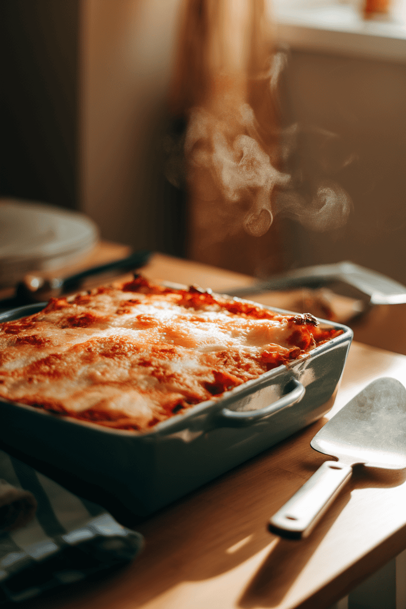 Photo of a warmly lit indoor dining table featuring a deep baking dish of cooked lasagna, cheese browned and slightly bubbled on top, a metal spatula resting nearby. Steam rises gently; no text or logos anywhere in the scene. Photo, not illustration.