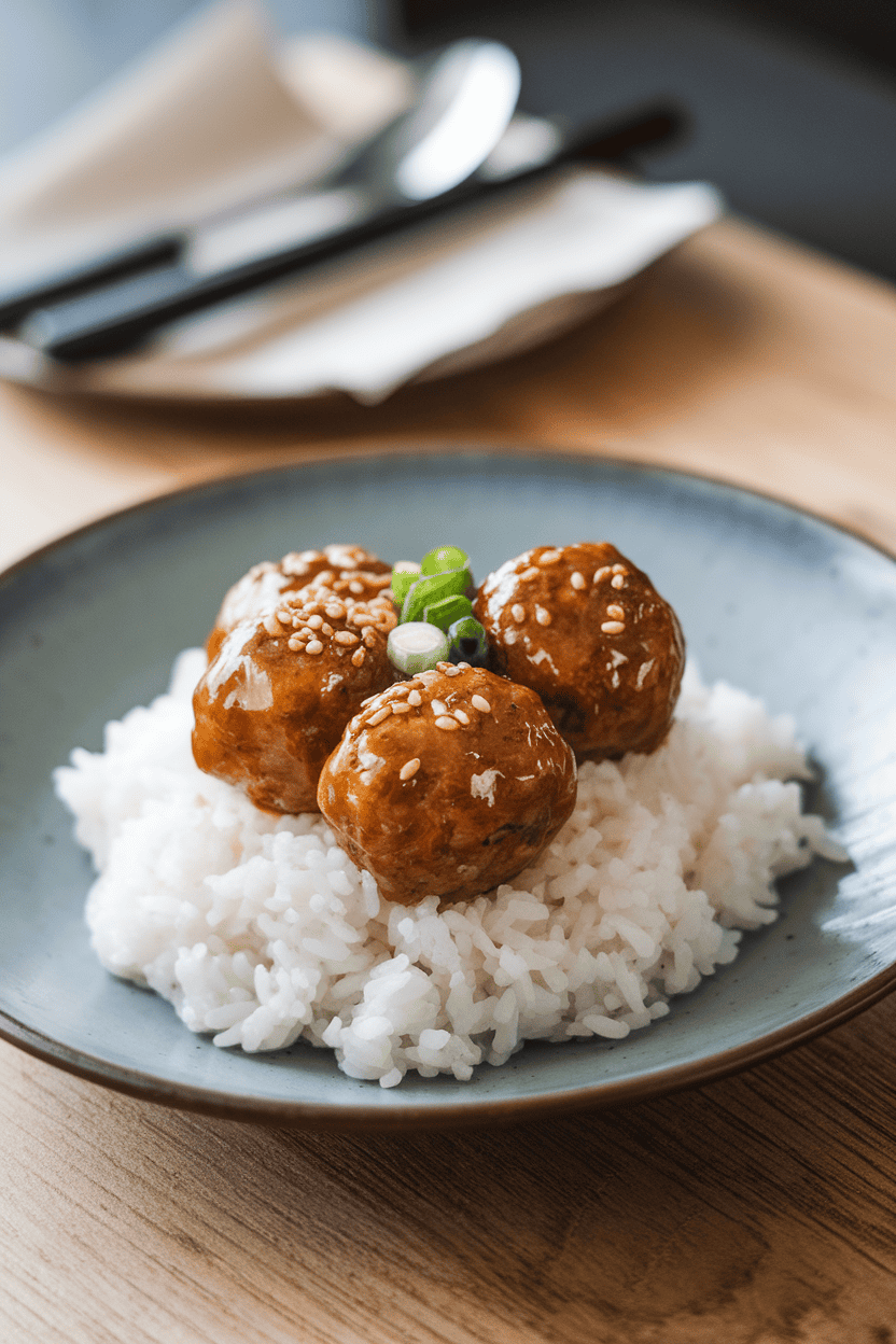 Photo of an indoor dinner plate with white rice topped by glossy honey-garlic meatballs, a sprinkle of sesame seeds, no logos or text.
