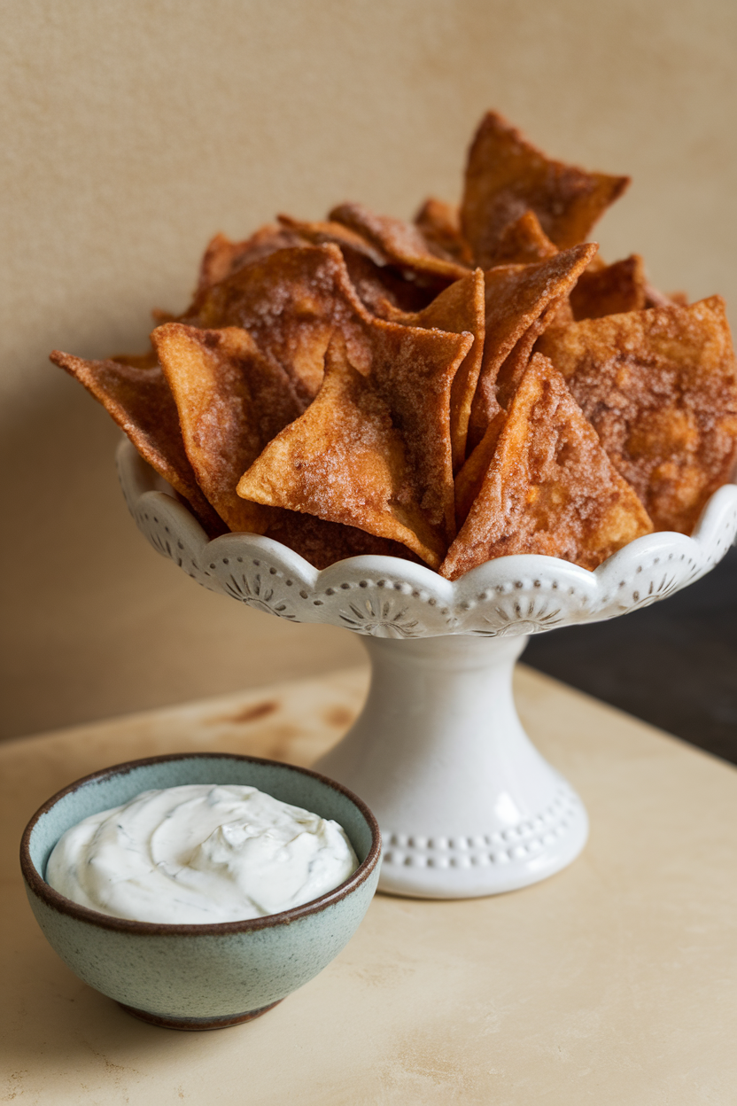 An indoor serving basket piled with crisp cinnamon sugar tortilla chips beside a small bowl of plain yogurt dip, no text or logos, photograph only.