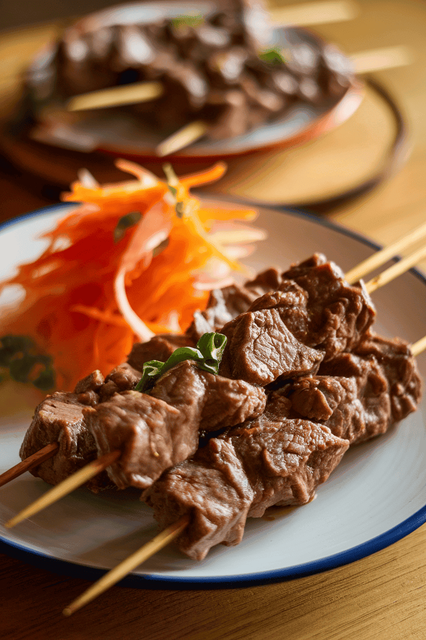 Indoor plate with lemongrass beef skewers, vibrant pickled carrot and daikon salad close by. Photo only, no text or logos.