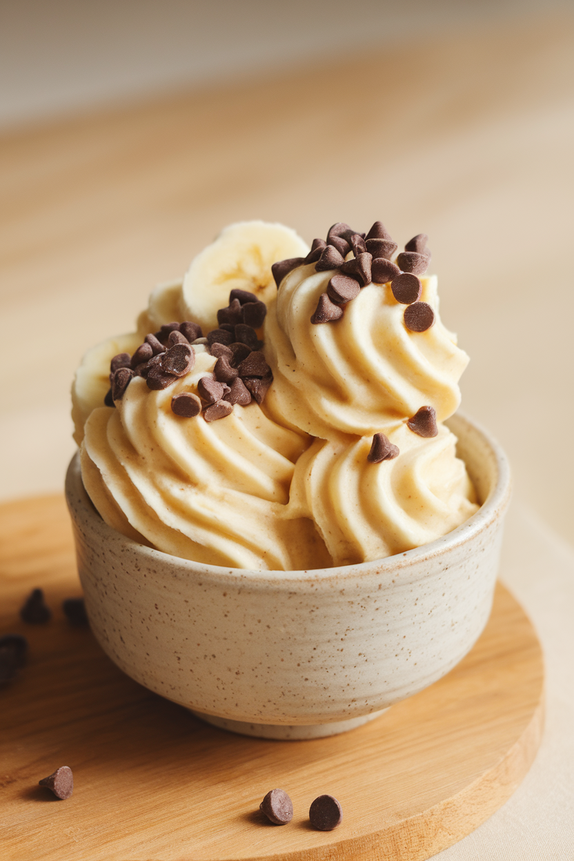 Indoor photo of a ceramic bowl filled with swirled banana nice cream, chocolate chips sprinkled on top; soft neutral backdrop; no text or logos. Photo, not illustration.