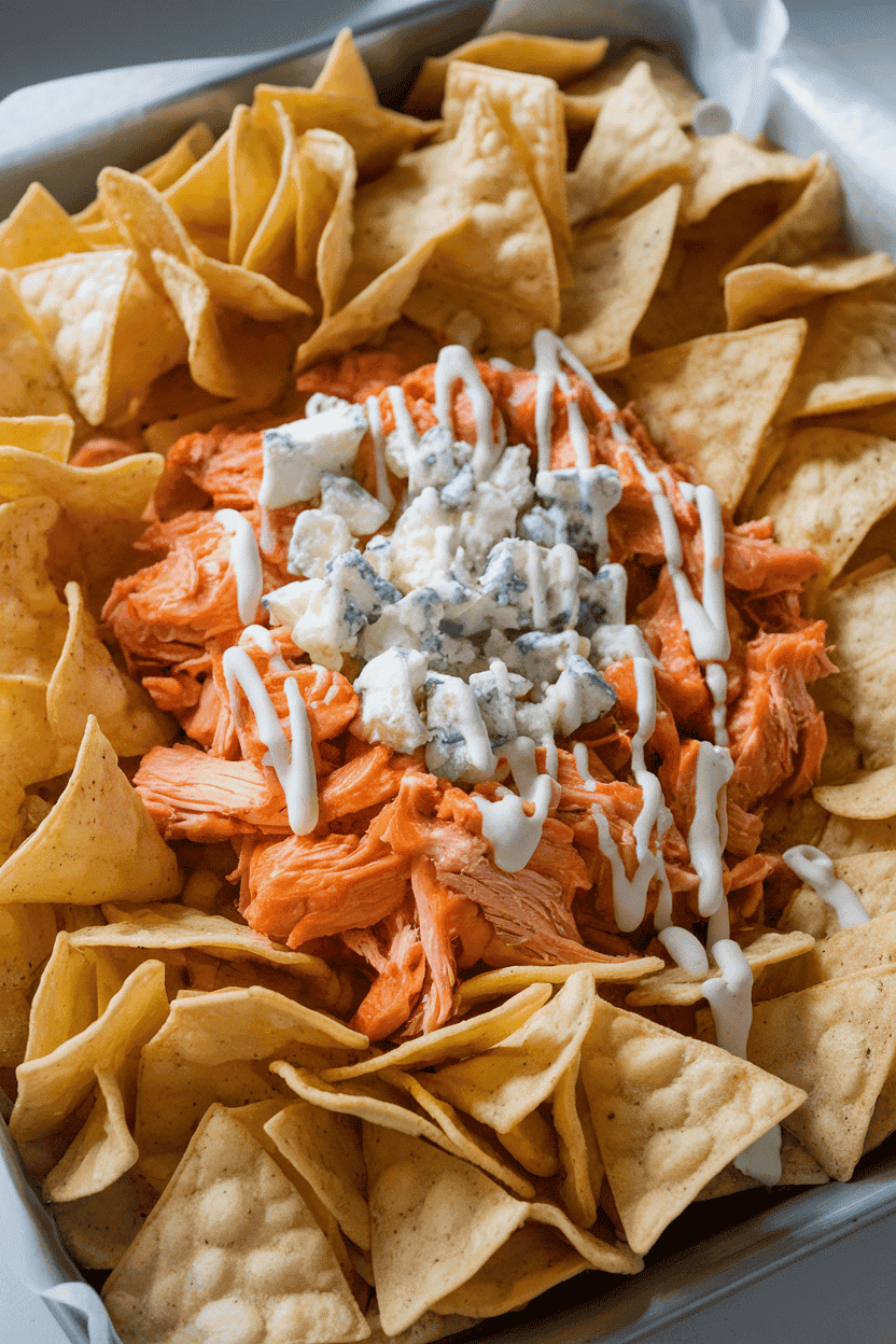 An indoor baking sheet loaded with tortilla chips topped by shredded buffalo chicken, blue cheese crumbles, and a drizzle of ranch dressing. Photo, not illustration. No text or logos.
