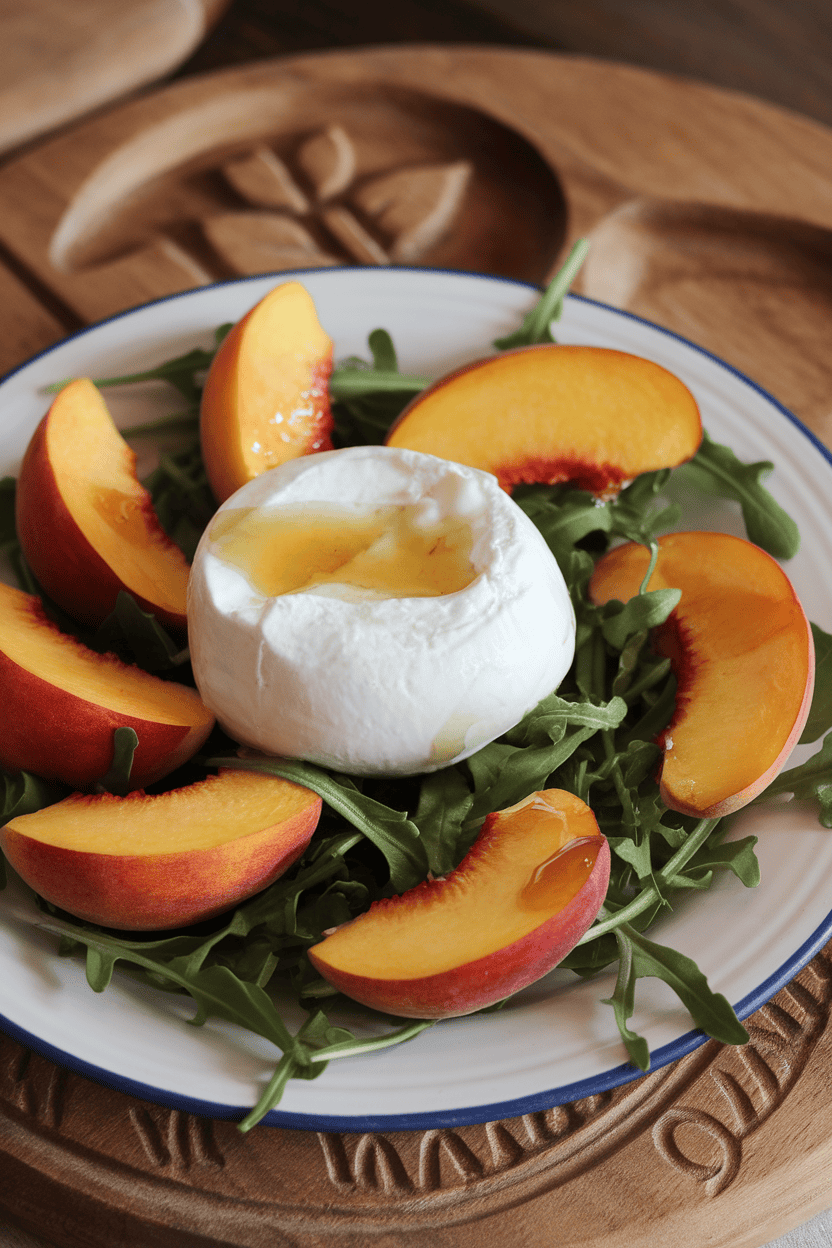 An indoor plate featuring juicy peach wedges nestled around creamy burrata, scattered with arugula and drizzled with honey. Photo only, no text or logos.
