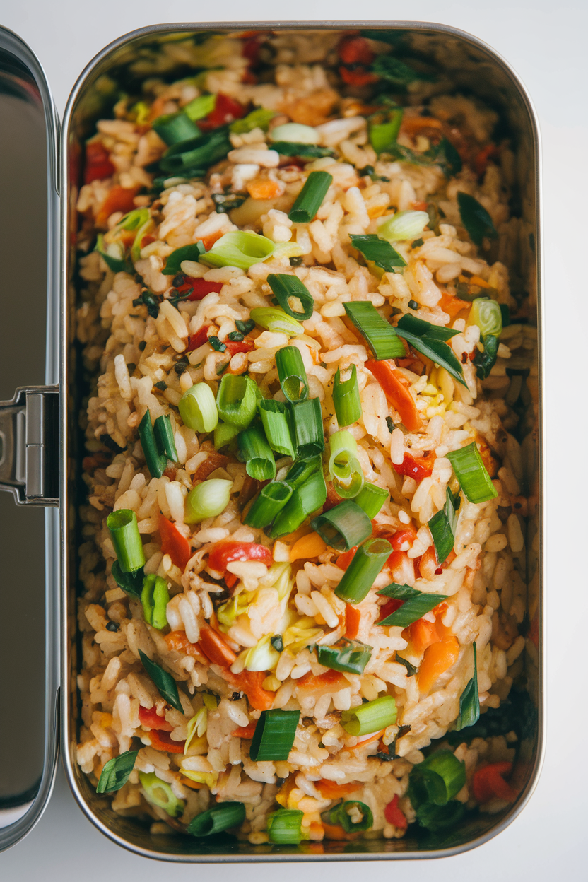 Indoor lunchbox view of a compartment filled with colorful vegetable fried rice garnished with green onions. No text or logos visible.