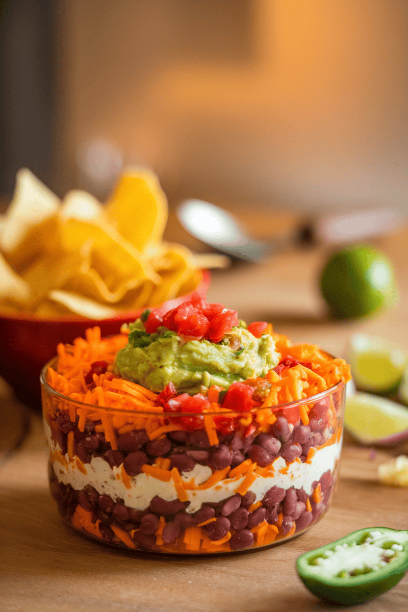 A warmly lit indoor casserole dish with layered beans, cheese, salsa, and guacamole, chips in a bowl nearby. No logos present.