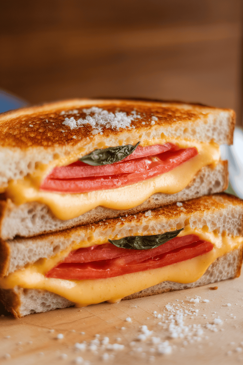 Photo of a cut-in-half grilled cheese showing gooey cheese and thin tomato slices with basil leaves, shot indoors; no text or logos.