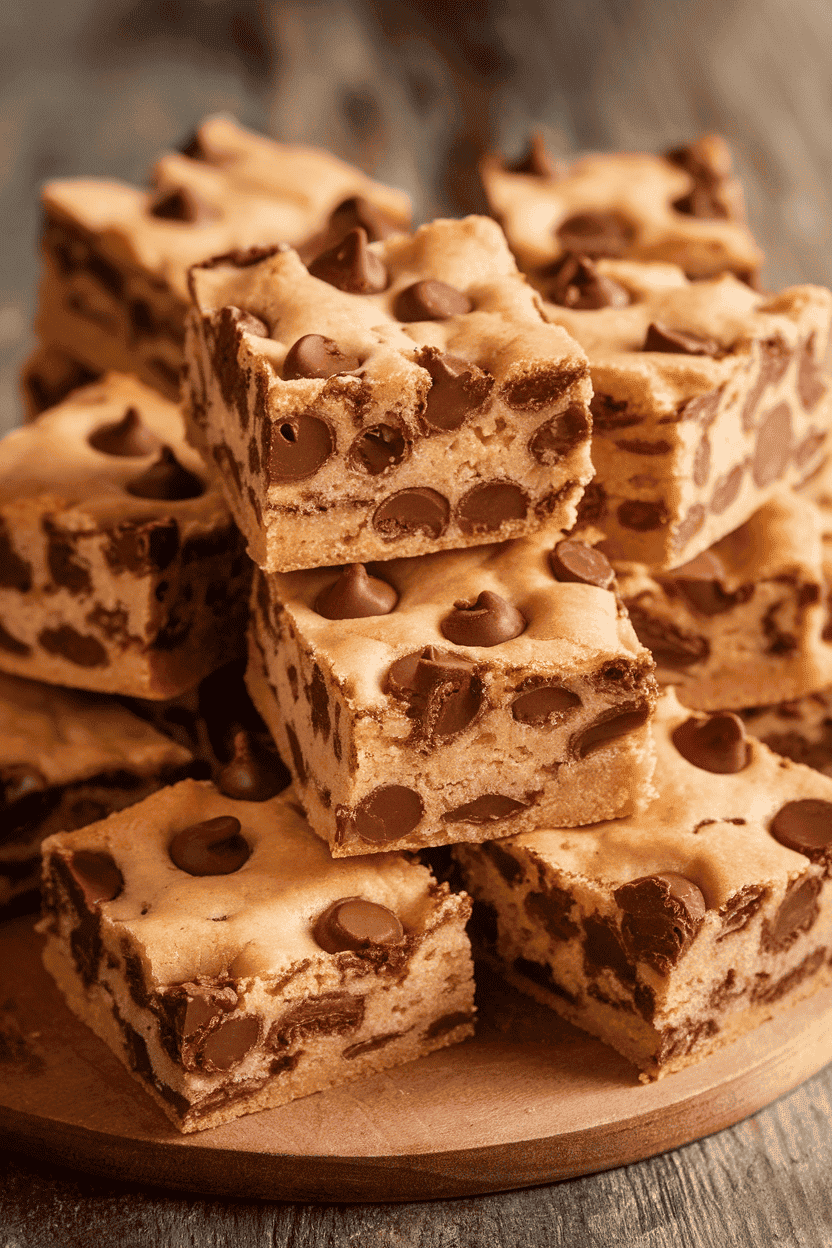 Indoor photo of thick chocolate chip blondie squares piled casually on a wooden board, melty chips visible. No logos or text.