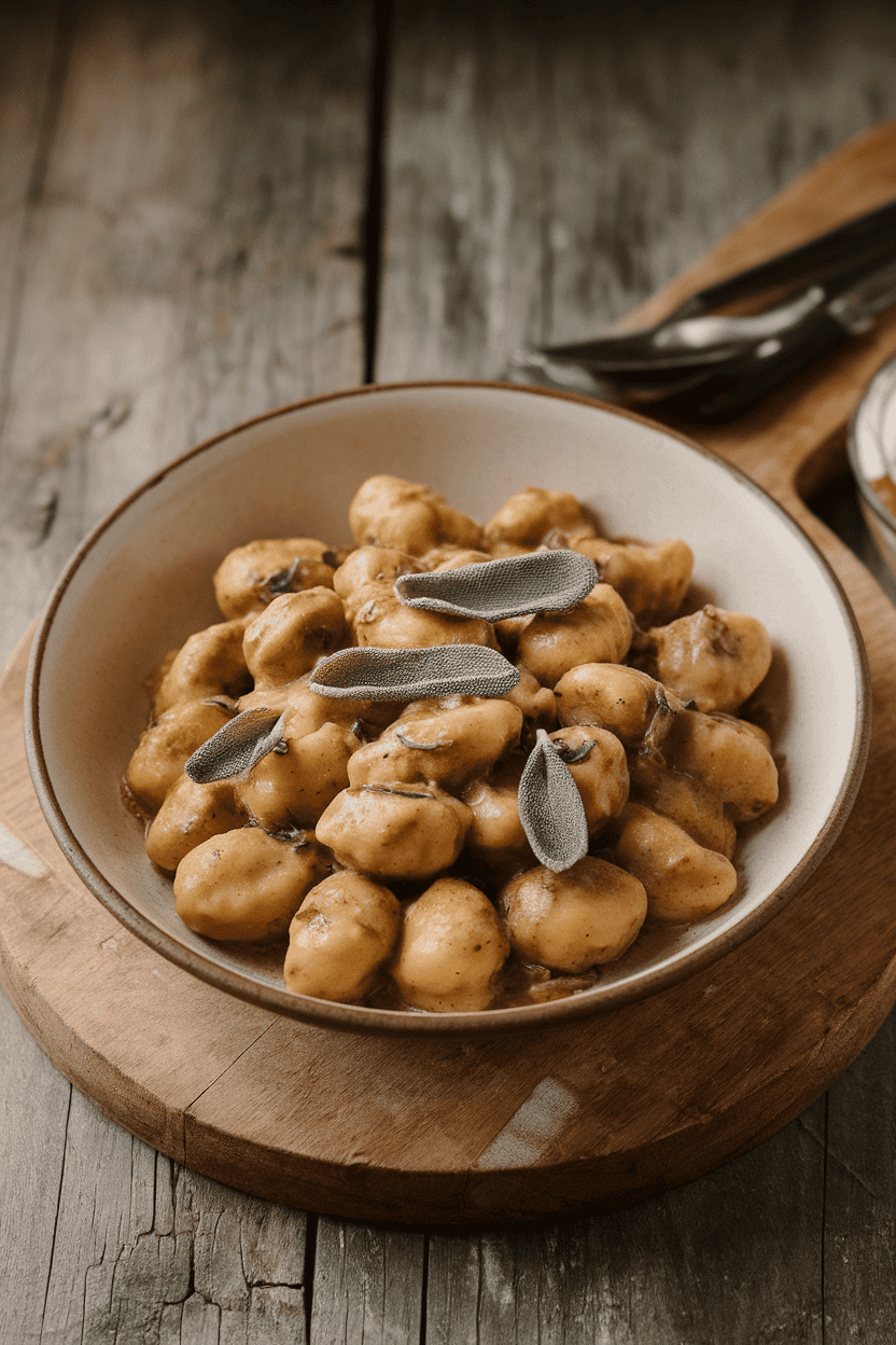 An indoor dining table featuring a shallow bowl of pillowy gnocchi coated in nutty brown-butter sauce with crisp sage leaves scattered on top. No text or logos. Photo, not illustration.