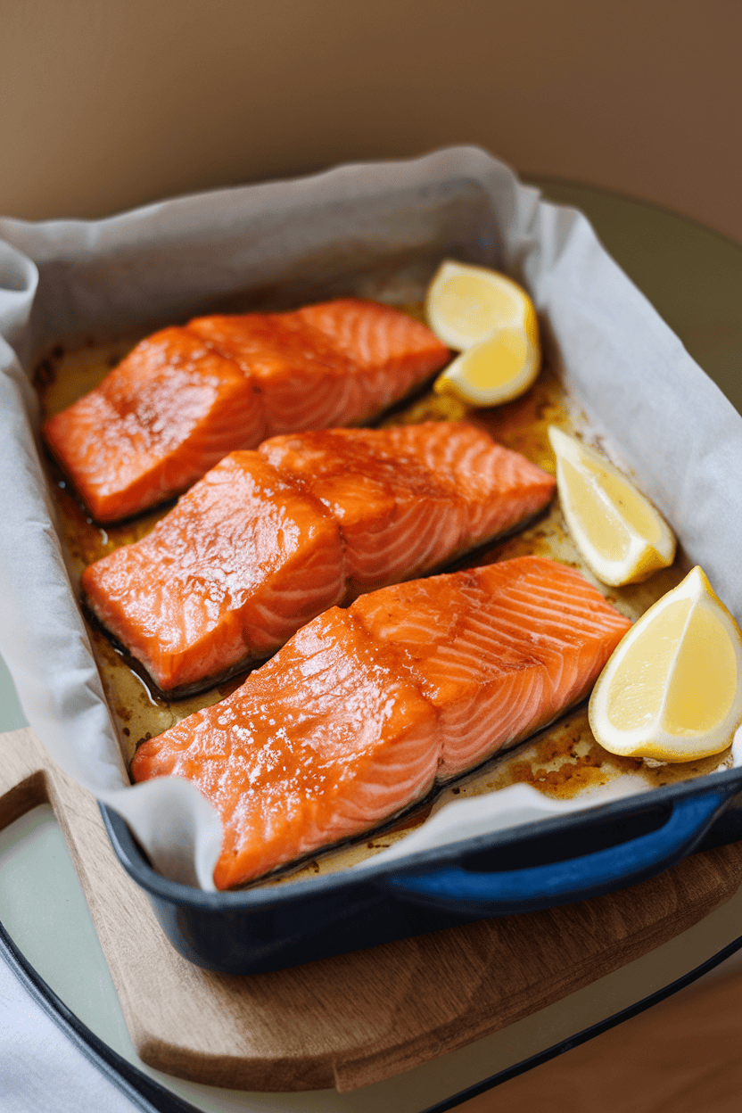 A parchment-lined baking dish on an indoor table featuring cooked salmon fillets brushed with a shiny honey-garlic glaze and garnished with lemon wedges. No text or logos anywhere.