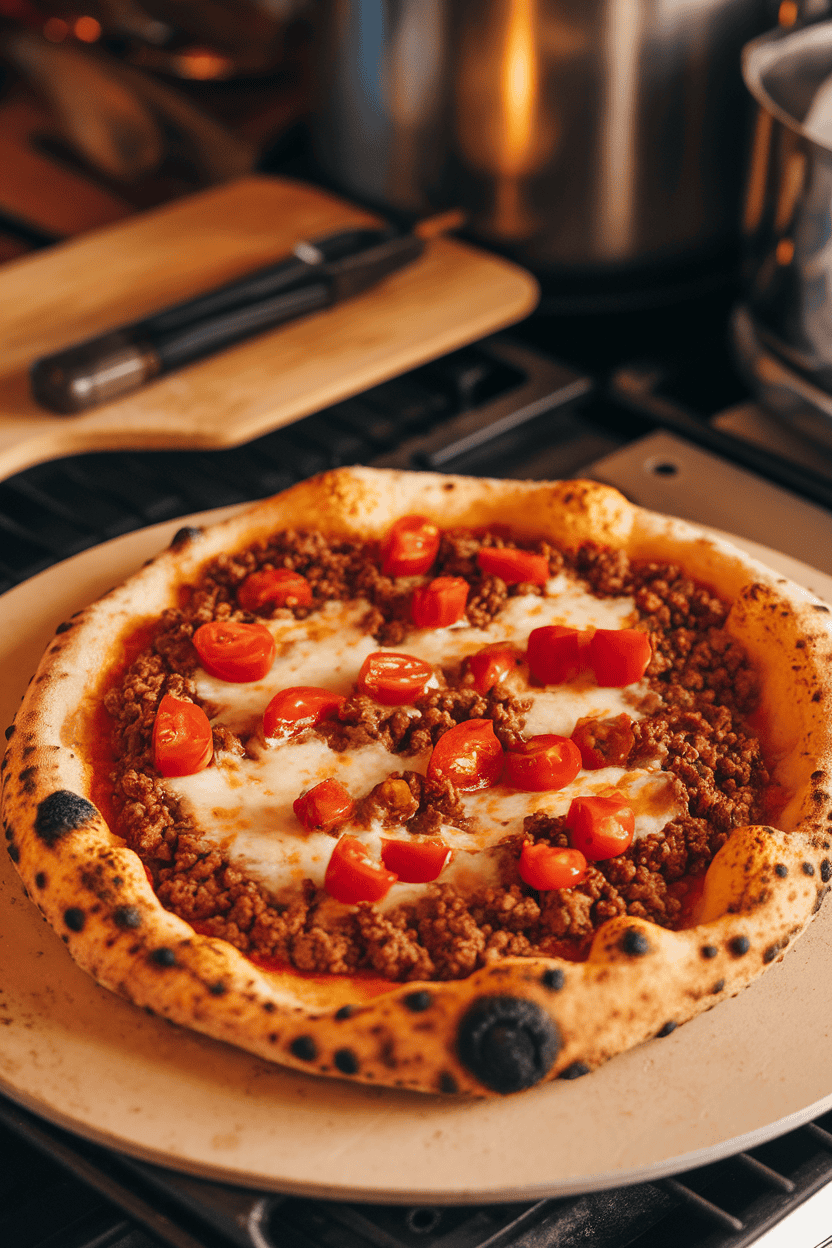 An indoor pizza stone holding a golden crust topped with seasoned ground beef, melted cheese, and diced tomatoes; photo, no text or logos.